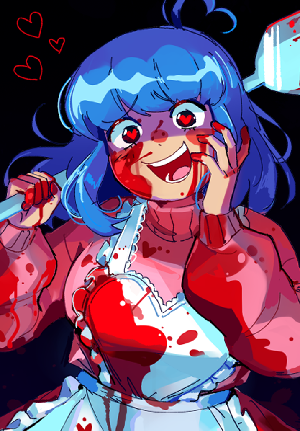 illustration of a woman with shoulder length blue hair. Her left hand clutches her face while her right hand holds an oversized fork. She is covered in blood and smiling at the viewer with red hearts in her eyes. She is wearing a pink sweater and white, heart-shaped apron, both of which are stained with blood. Her boobs are big.