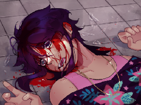 An illustration of a dead woman. She is seen from the shoulders up, her head laid on a grey tile floor. She has short dark purple hair. Blood is leaking down her face. Her eyes are still open, one is black and the other is light blue. She's wearing a purple floral shirt, pink tank top, and gold necklace. There is shattered glass on the floor beside her and more blood beneath her.