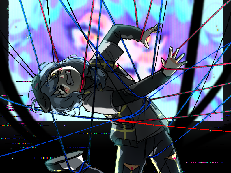 an illustration depicting a character being strung up in colorful wires. His arms are suspended in the air, and his head and back are bent backwards uncomfortably. His expression is panicked and pained. He is wearing grey pajamas. He's covered mostly in shadows, but behind him there is a bright screen with a purple, menacing looking anime girl. She is blurred as the screen is in the distance.