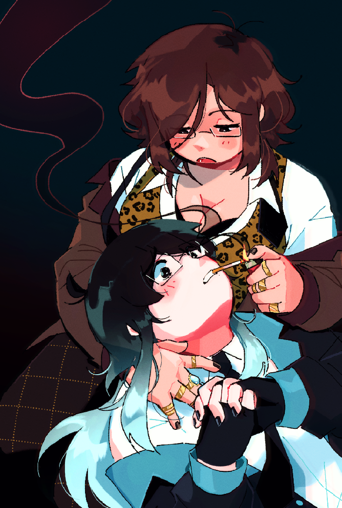 An illustration depicting two characters. The first one has short brown hair, glasses, and large breasts. They are wearing a white button up and leopard print vest, both of which are unbuttoned enough to show cleavage. They're holding another girl's head in their lap. She has long hair, which starts black but turns light blue at the ends. She's also wearing glasses. Her expression is hesitant. She's wearing a white shirt, black tie, black dress coat, and fingerless gloves. Her hands and clutched nervously in front of her chest. There's a cigarette between her lips, and the other character is holding a lighter to it. Both characters have black nail polish.