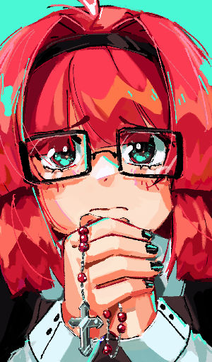 portrait of a girl with red hair and a black headband. She's wearing square glasses, and her teal eyes look watery. She is frowning with a pleading expression. In front of her, her hands clutch a silver rosary with red beads. Her nails are painted black. The piece has teal highlights.