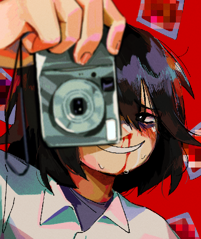 a portrait of a boy with black shoulder length hair. he has a creepy smile and dark bags under his eyes. He's blushing. he is drooling, swearing, and has a nose bleed. he's looking at the viewer, but half of his face is obscured by a silver camera, which he's holding up to take a picture. behind him are printed photos. the images are pixelized to censor their contents, but they look mostly red.