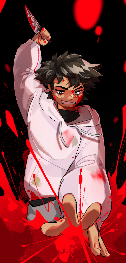 an illustration of a man stabbing the viewer. he is wearing a white hoodie with a black shirt underneath. He has short brown hair and lightly tanned skin. he has a somehow irritated expression, with his teeth grit. his left eye is brown and his right is blue. he has facial hair on his chin. one of his hands is raised in the air holding a knife while the other reaches down towards the viewer. blood stains his face and splatters in the foreground.