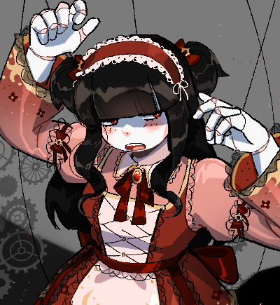 illustration of a female puppet. she has a bored expression. her mouth is slightly open and her red eyes look off to the side. she has long black hair partially tied into twin tails. she's wearing a red dress over a light pink blouse. there are bows in her hair as well as a lace headress. her whole outfit is covered in lace and gear patterns. her hands are closer to the viewer, and they have joint articulation like a doll. they're being held up by strings.