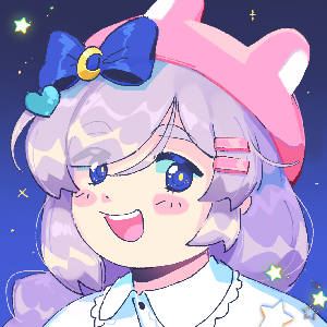 a portait of a smiling girl with pastel purple hair. she has thick eyebrows and blue hair. she's wearing a pink beret with bunny ears, and there's a blue bow in her hair, a teal heart shaped clip, and two pink hair clips. the background is dark blue and has stars and sparkles.