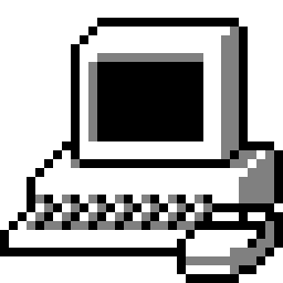 pixel art of an old computer, keyboard, and mouse