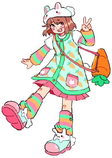 a fullybody illustration of a girl swinging her leg and holding up a piece sign. she has shoulder length borwn hair, and she's wearing a hat resembling a white rabbit. her outfit is mostly pastel pink, green, and orange with white accents. she's wearing a white t-shirt and sleeveless, button up dress over a pink skirt and long sleeve striped shirt. the dress has a carrot pattern. she has a purse that looks like a big carrot, too. she's wearing striped leg warmers that match her long sleeved shirt. her pink and blue shoes resemble rabbits too.