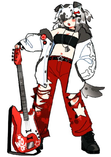 a full body illustration of a female rockstar. she has white hair with black spots resmebling a dalmation, and dog ears with a matching tail, too. her hair falls past her shoulders and part of it is tied up. she's wearing a black collar and a dog tag necklace. her outfit is mostly black, white, and red. she's wearing a black sleeveless tube top, ripped red jeans, and an oversize whtie hoodie that hangs off one shoulder. the sleeves have dog bone patterns. in her left hand she's holding a big red bass guitar.