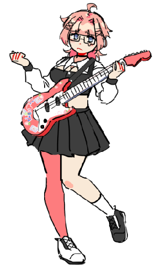 a full body illustration of a female guitarist. she has pink hair, blue eyes, and a sad expression. her black glasses have a fake tear drop built into the frame. she's wearing a black top and black skirt over a cropped white dress shirt that exposes her breasts. her left leg is covered with pink tights, but her right leg only has a white ankle sock. one of her shoes is black and the other is white. she's holding a pink guitar covered in cute stickers.