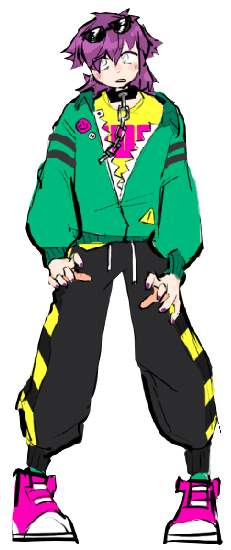 a full body illustration of male character. he has messy purple hair in mullet with sunglasses on his forehead. his eyes are white. he's wearing a collar with a chain, a bright yellow shirt, and a partially unzipped green jacket. he wears baggy pants with caution tape patters on the sides and chunky pink sneakers.