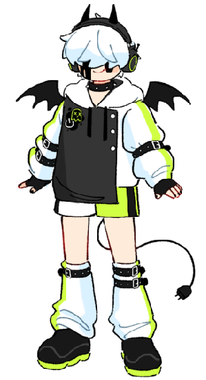 a full body of wraeth. he has short white hair covering both of his eyes. black goop leaks from his forehead, but he's smiling. he's wearing black headphones with green circles on the sides and devil horns on top. he's wearing a black collar. his outfit is mostly white, green, and black. it consists of a hoodie that's half black, half white, and buttoned up. the sleeves are head down with black straps. his shorts are half white and half green with black stripes on the side. hes wearing leg warmers that match the hoodie, which are also strapped down. he has on black shoes with bright green soles. he has bat wings and a tail resembling an electrical cord.