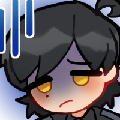 a chibi of a boy with black hair in a side part. he's frowning and looking down with a gloomy expression. there are three blue lines drawn over him to indicate depression.