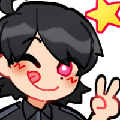 a chibi of a boy with black hair and pink eyes. he winks at the camera and holds up a silly peace sign. theres a star in the air next to him.