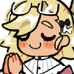 a chibi of a boy with blonde hair praying with a content smile