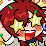 a chibi of a man with red hair and sunglasses cheering and raising his arms in the air. there is confetti all around him.