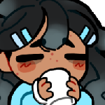 a chibi of a man with black dreadlocks drinking from a white mug with a tired expression