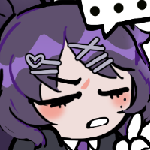 a chibi of a girl with purple hair. her brows are furrowed and she has a confused, irriated expression. she holds a finger above her, and there's a small text box with three dots in the air above her