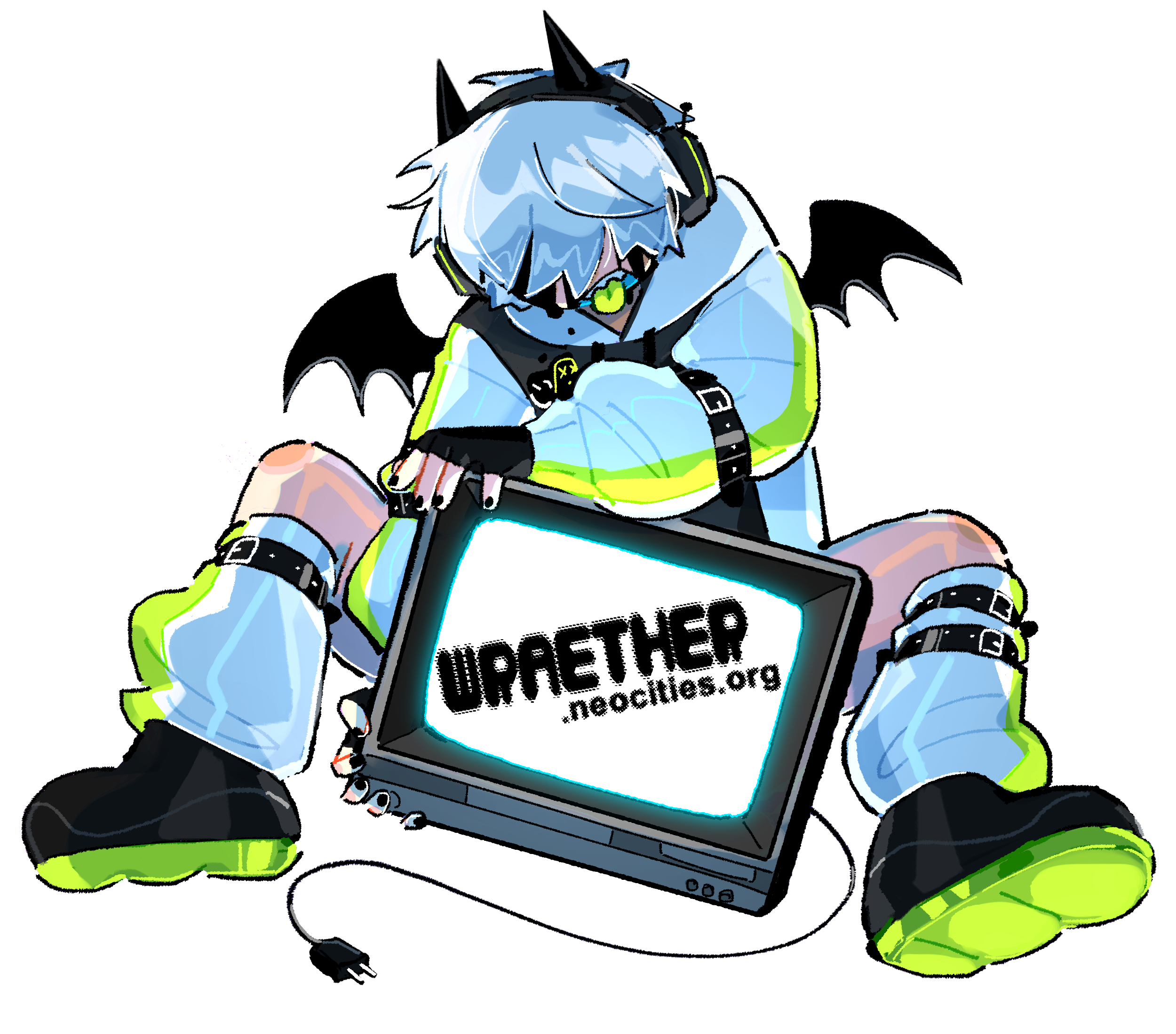 Drawing of Wraeth holding an old television monitor between his legs. Text on the screen reads 'Wraether.neocities.org' he is wearing a white hoodie and matching legwarmers held down with black leather straps. He wears black boots with green soles. He has black devil horns on his headphones, bat wings, and a tail resembling an electric plug.